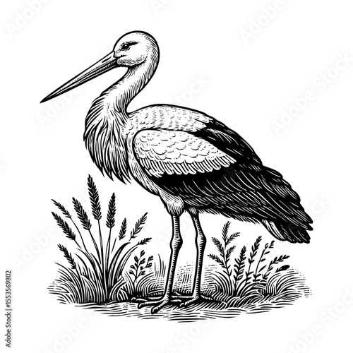 stork sketch engraving black and white outline. Scratch board imitation.