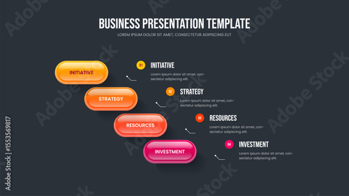 Company Briefing Presentation Design Vector Illustration. Modern Innovation Four Element Diagram Slideshow Layout. Consulting Insight 4 Step Infographic Slide Template.