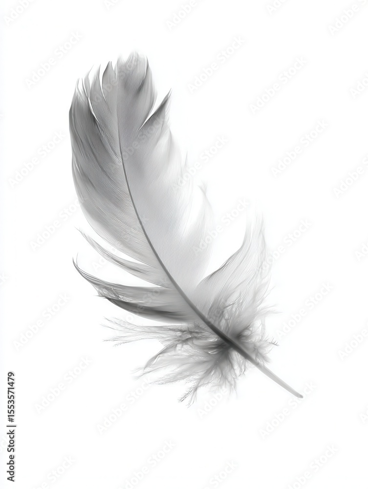 Obraz premium A delicate feather floats gracefully against a soft white background, symbolizing lightness and purity, Ideal for designs related to nature, tranquility