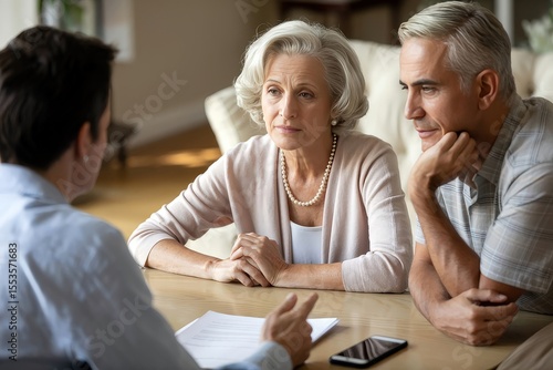 Senior couple attentively listens to their financial advisor during a serious meeting