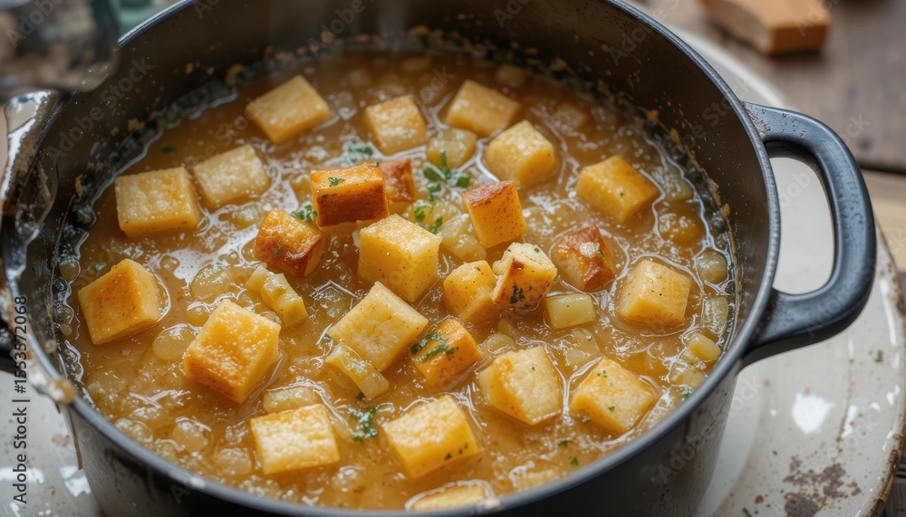 Delicious Homemade Soup With Golden Croutons Simmering in a Pot on a Rustic Kitchen Table Delicious Homemade Soup With Golden Croutons Simmering in a Pot on a Rustic Kitchen Table