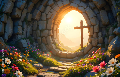 Bright, blooming flowers add to the peacefulness of this Easter scene, which also includes an empty tomb illuminated by warm sunlight and a rustic wooden cross that represents hope and resurrection.