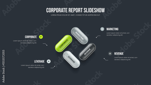 Professional Portfolio Four Element Infographic Slideshow Template. Project Strategy 4 Step Diagram Frame Layout. Corporate Innovation Slide Design Vector Illustration.