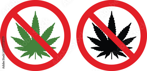 No Marijuana Prohibition Vector Icon – Cannabis Ban Sign with Red Circle and Slash