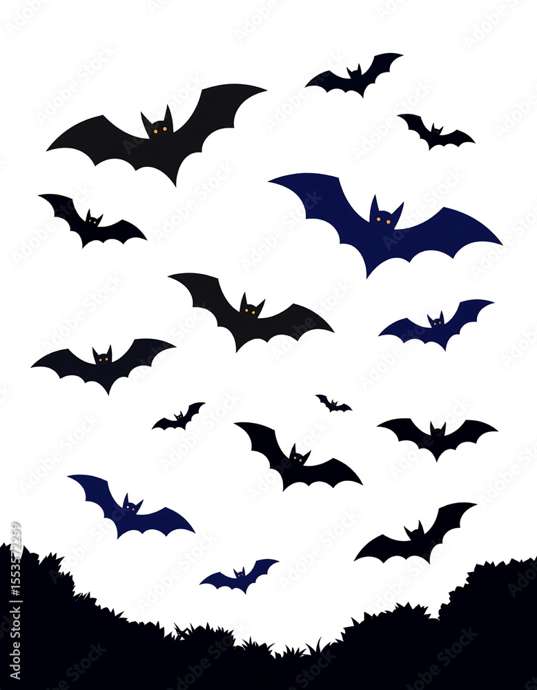 Naklejka premium Bats flying in dark night sky create spooky atmosphere, perfect for Halloween celebrations. Their eerie presence adds to haunting vibe