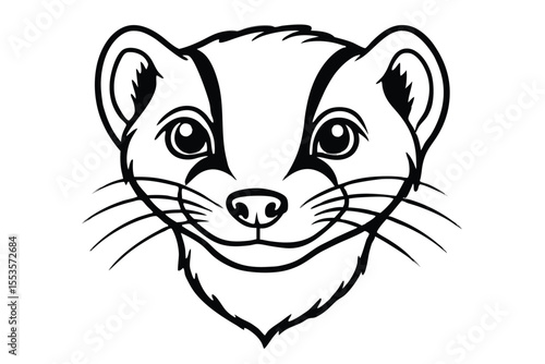 Ferret's monochrome face features whiskers, pointed fur, and inquisitive eyes looking forward inquisitively