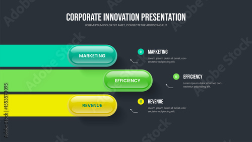 Digital Analysis Three Element Diagram Slide Layout. Corporate Visualization 3 Step Infographic Slideshow Design. Visual Strategy Presentation Template Vector Illustration.