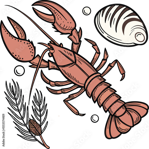 lobster vector illustration, 
Black silhouettes of shrimp and crab