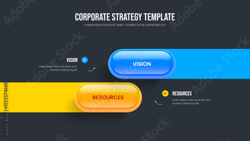Marketing Portfolio 2 Step Infographic Slide Design. Financial Development Frame Layout Vector Illustration. Business Growth Two Element Diagram Presentation Template.