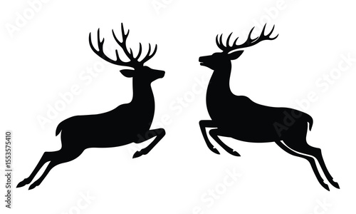 Two jumping deer silhouette isolated on white background, wild animal vector
