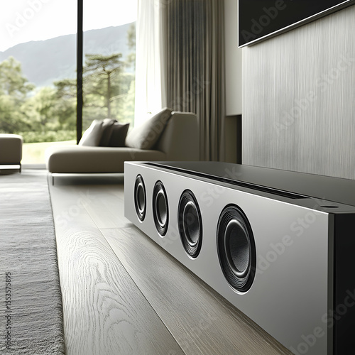 Sleek modern soundbar in a luxurious living room setting, showcasing high-end audio technology and sophisticated home theater design.