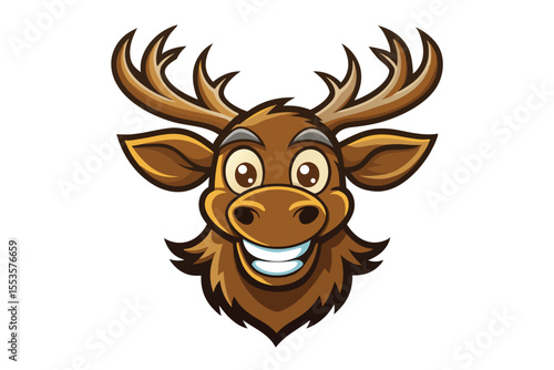 Animated moose head displays a wide toothy smile and prominent antlers facing forward