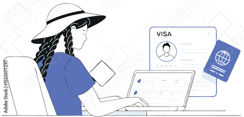 Woman applying for visa online using laptop, passport and application isolated on transparent background