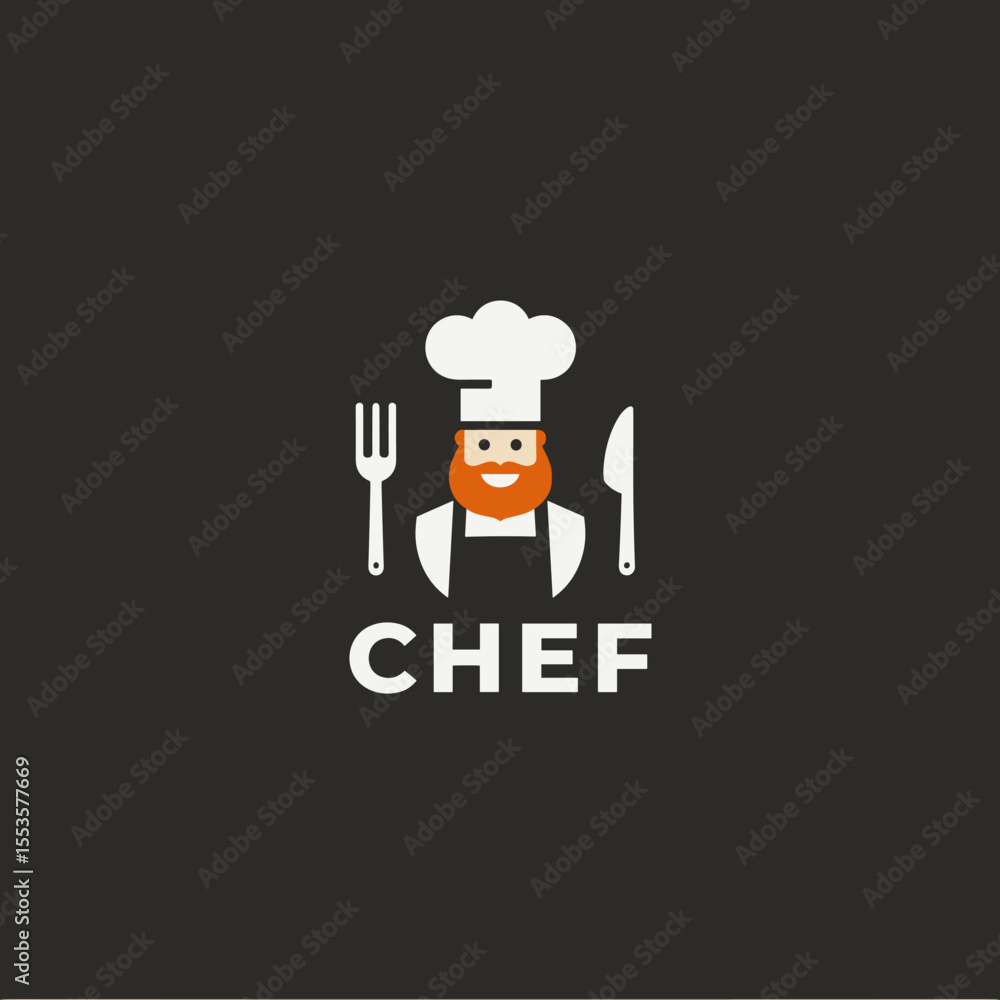custom made wallpaper toronto digitalModern chef logo with red-bearded cook in uniform, holding fork and knife, on dark background
