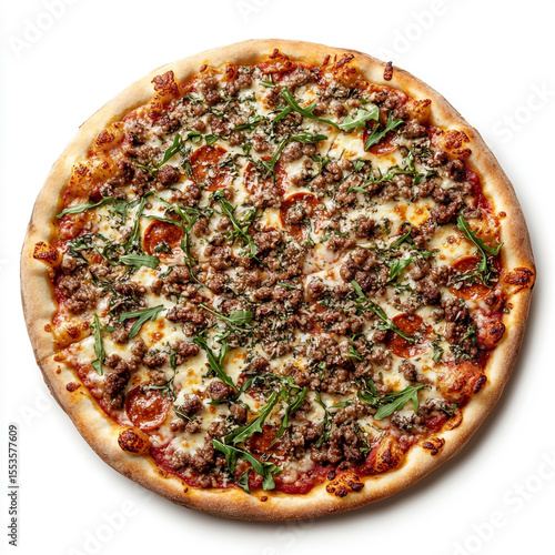 A delicious pepperoni and sausage pizza isolated on white background