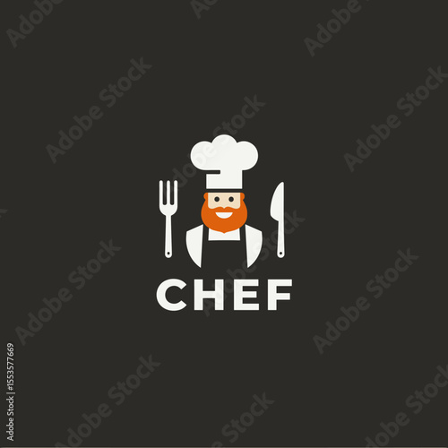 Wallpaper Mural Modern chef logo with red-bearded cook in uniform, holding fork and knife, on dark background Torontodigital.ca