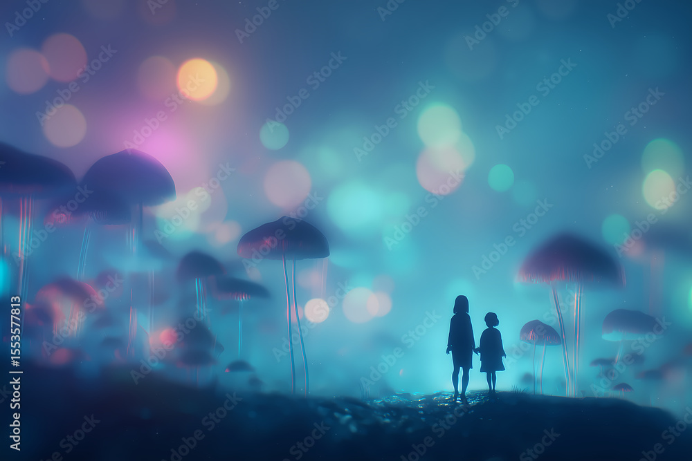 Fototapeta premium silhouette girls in the Mushroom Grove: A Fantastical Encounter