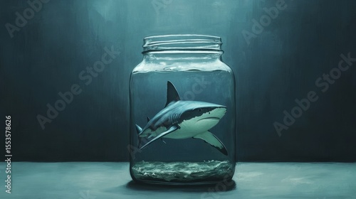 Digital illustration of a shark in a jar, symbolism of growth restriction, metaphorical concept generative ai