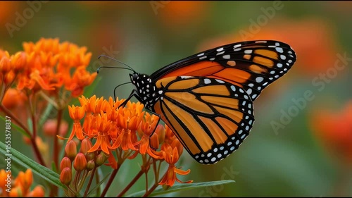 Monarch butterfly perching, displaying vivid orange black wings, sipping nectar from clustered milkweed blossoms in lush garden habitat