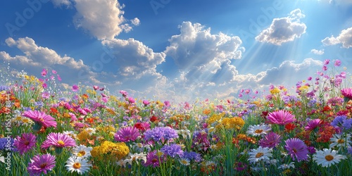 Fototapeta Naklejka Na Ścianę i Meble -  A vibrant field of wildflowers under a sunny sky