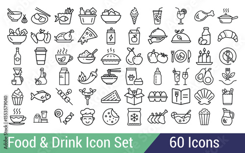 Diverse collection of food and drink icons representing various culinary delights