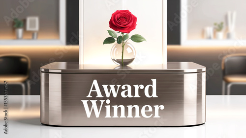 Elegant award winner podium with a single red rose in a glass vase