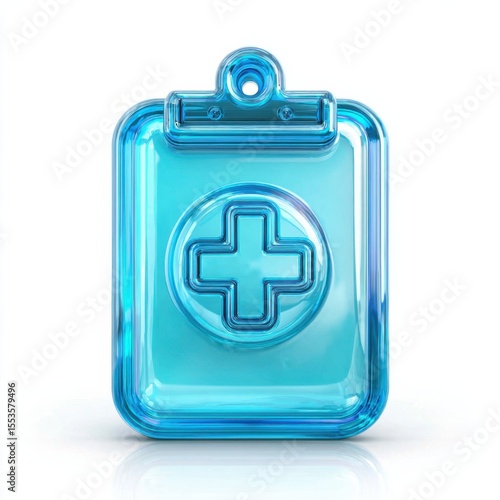 Transparent Blue Clipboard with Medical Cross Symbol. 3D glass icon. AI Generative