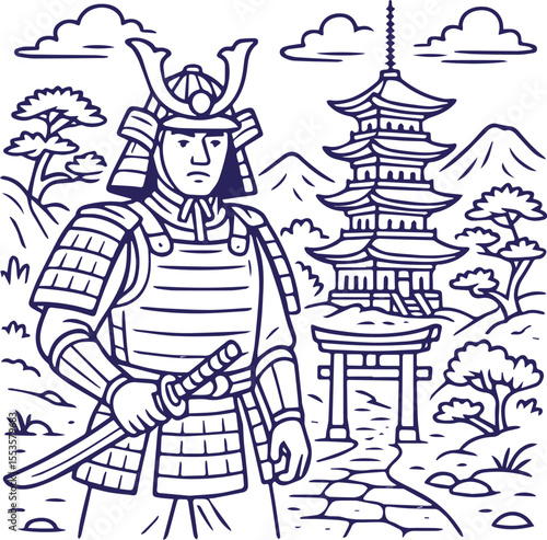 Samurai warrior standing by pagoda in outline illustration