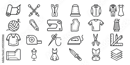 Collection of sewing and tailoring icons representing fashion design and clothing creation