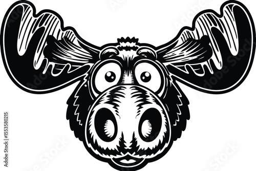 Cartoon moose head with big antlers stares wide eyed directly at viewer