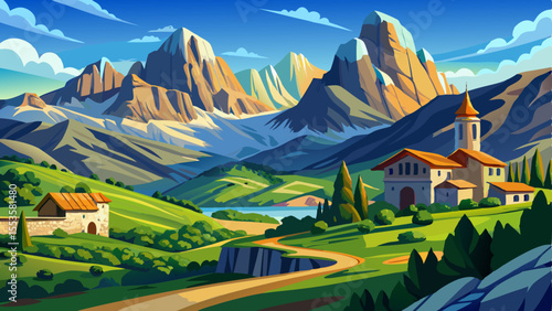 Majestic view of Naranjo, in Asturias, Spain. Towering limestone peak surrounded by dramatic mountain landscape, deep valleys, and clear blue sky. Iconic natural landmark of the Picos de Europa