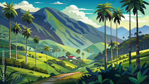 Stunning view of Cocora Valley in Colombia, featuring the world's tallest Quindio wax palm trees rising above lush green highland hills. Beautiful tropical scenery near Salento