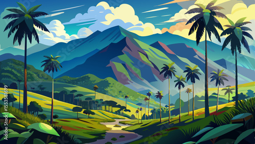 Stunning view of Cocora Valley in Colombia, featuring the world's tallest Quindio wax palm trees rising above lush green highland hills. Beautiful tropical scenery near Salento