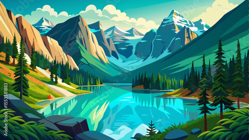Breathtaking view of Emerald Lake in Yoho National Park, Canada. Crystal-clear turquoise water surrounded by lush green pine trees and towering Rocky Mountains