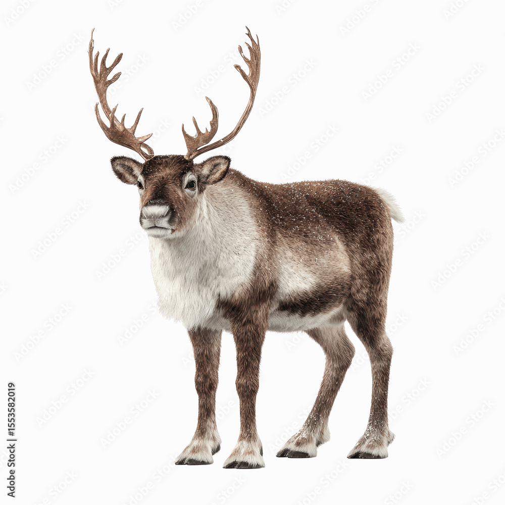 Obraz premium Majestic Reindeer with Snow on its Fur, Standing Against a Grey Background