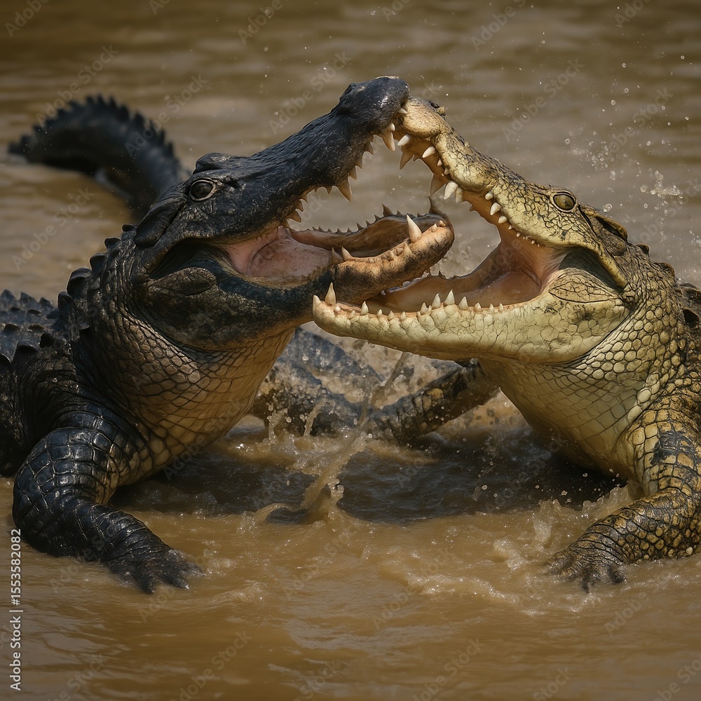 Fototapeta premium Two crocodiles clash in a violent fight, jaws locked in mid-battle above muddy water. The scene is captured with photorealistic detail, showing the tension, texture, and energy of the moment.