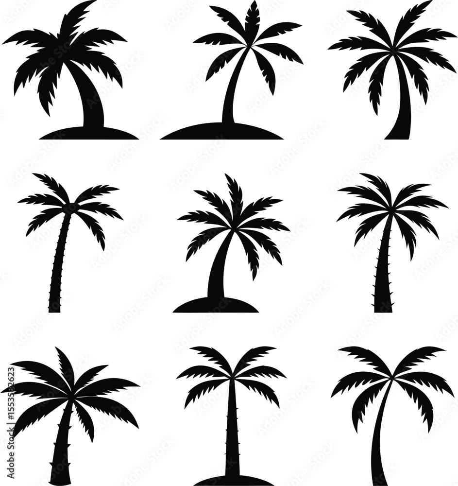 Fototapeta premium Nine Different Black Palm Tree Silhouettes Vector Icon Set