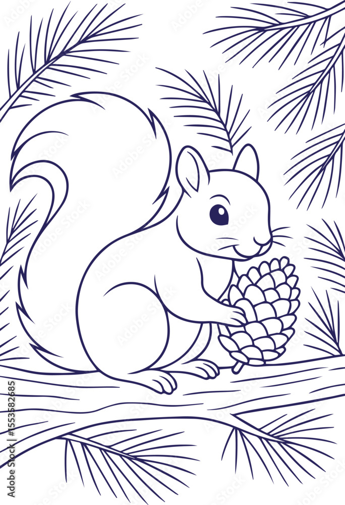 Obraz premium Squirrel holding pine cone on tree branch in outline style
