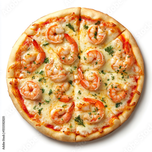 A delicious shrimp pizza with mozzarella cheese cut into slices isolated on white background