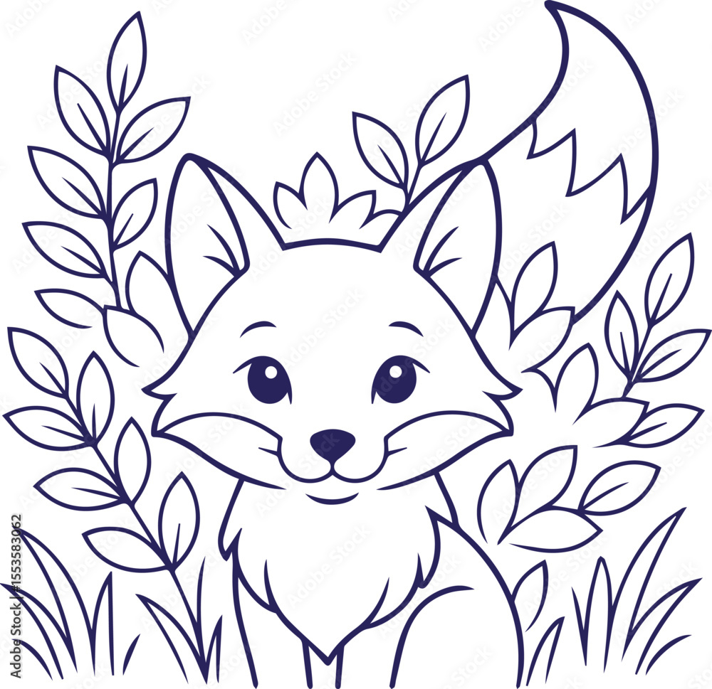 Obraz premium Cute fox sitting in forest bushes outline illustration