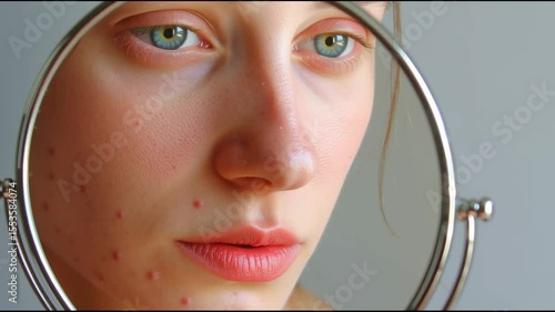 Young woman examining facial skin, touching acne prone cheek with worried expression while closely inspecting complexion in small mirror