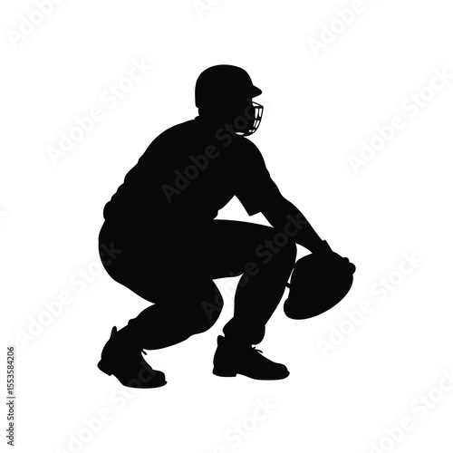 Silhouette of a crouching baseball catcher in full gear against white background