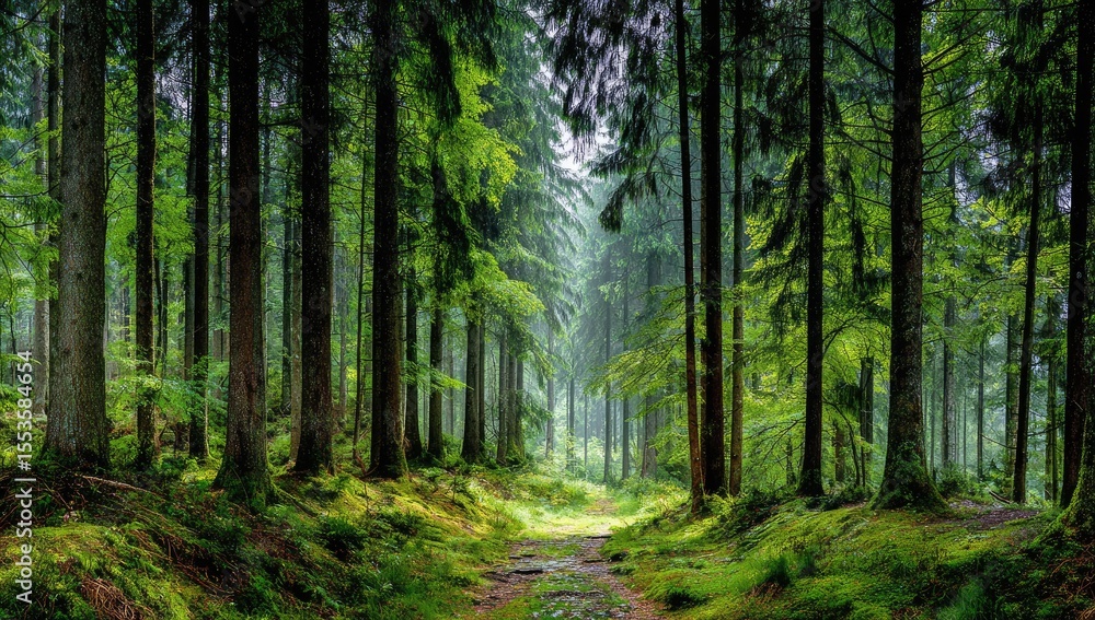 Fototapeta premium Lush forest path in a dense woodland