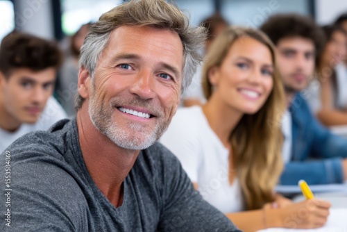 Smiling adult learner engaged in a classroom setting with fellow students