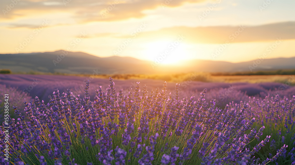 Obraz premium Serene sunset over a vast lavender field, showcasing the beauty of nature's purple hues at golden hour.