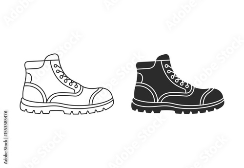 Pair of hiking boots shown in outline and solid silhouette on white background