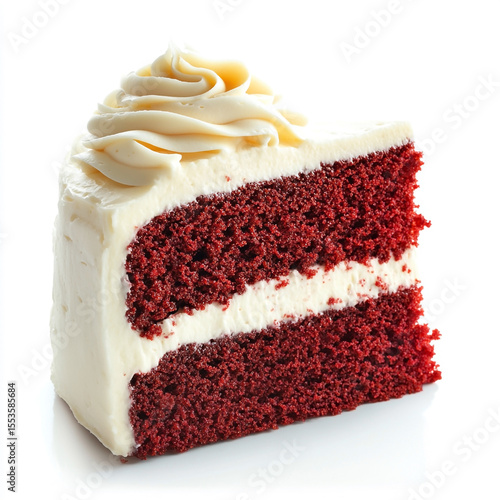 A slice of red velvet cake isolated on white background looks appetizing