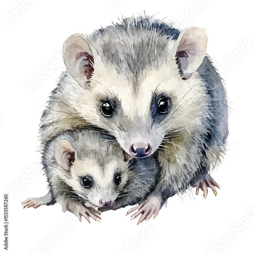 A Mother Opossum With Her Kid, watercolor vector, isolated on a white background.
