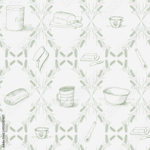 Toile Inspired Memories of Homemade Bread in Sage Green as Sifters and Wheat Flour Tins in Diamond Shapes creating a seamless pattern print