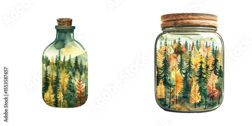 beautiful forest in the bottle watercolor vector illustration